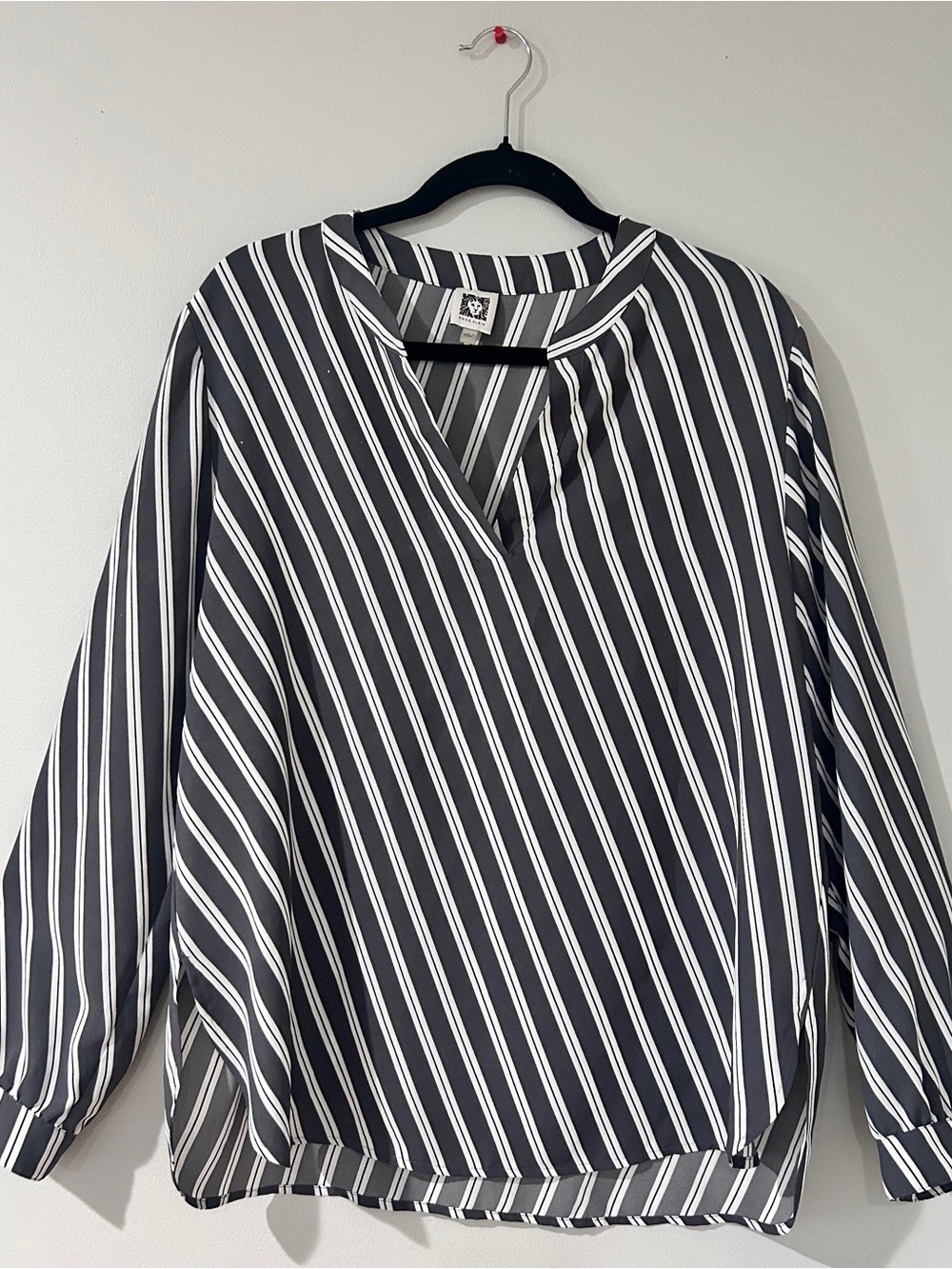 Anne Klein Black and White Striped V-Neck Blouse